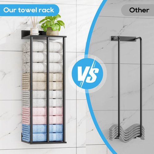 WeGXY Towel Racks for Bathroom Wall Mounted with Wooden Storage Shelf, Updated 3 Bar Metal Towel Holder for Rolled Towels, Sturdy and Large Capacity, Towel Storage Organizer-Black