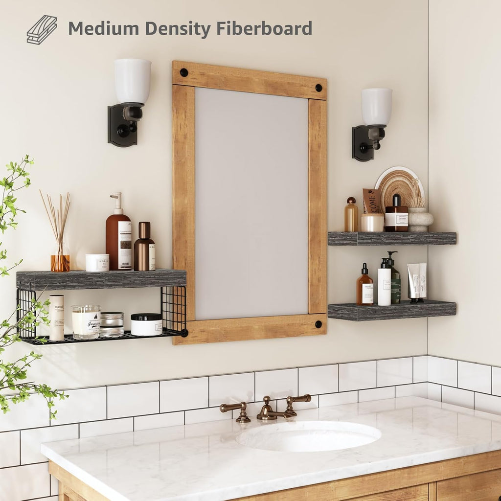 QEEIG Bathroom Shelves | Over Toilet Wall-Mounted Floating Storage - Set of 3 Grey 16-Inch Farmhouse Decor