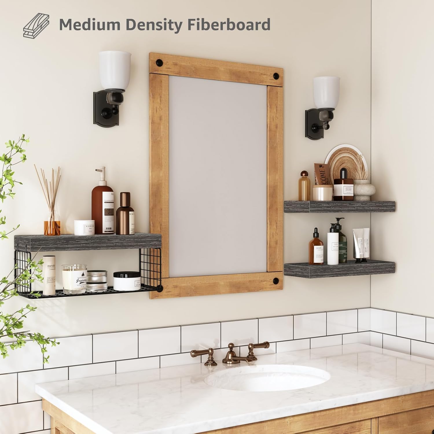 QEEIG Bathroom Shelves | Over Toilet Wall-Mounted Floating Storage - Set of 3 Grey 16-Inch Farmhouse Decor