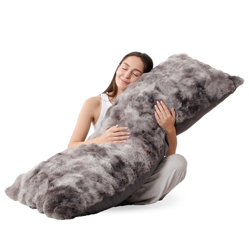 ZonLi Fluffy Body Pillow for Adults, Fuzzy Faux Fur Body Pillow with Shredded Memory Foam, Adjustable Support for Side Sleepers, Pregnancy & Bedding Decor, Valentines Day Gifts, 20 x 54 Inch, Grey