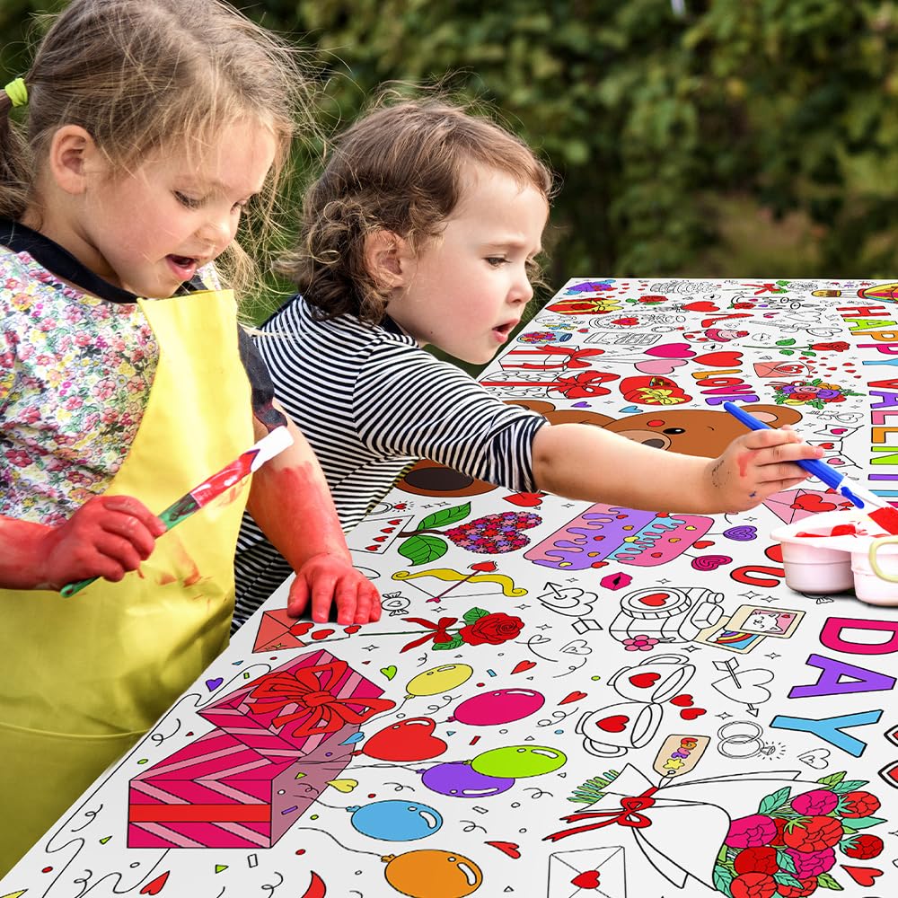 Valentines Tablecloth Decorations, Valentines Crafts for Kids, Essentials Valentine Day Coloring Games Activities Gifts Poster Banner Table Cover for Valentine Children Family School Party Decor