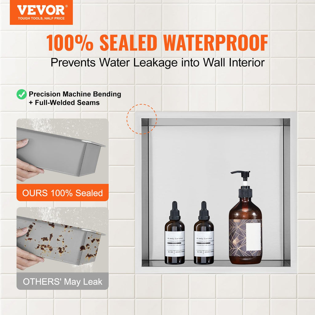 VEVOR Shower Niche No Tile Needed, Stainless Steel Niche for Shower Wall, Sealed Waterproof Rust-Resistant Bathroom Niche for Storage, 13x13'' Single Shelf
