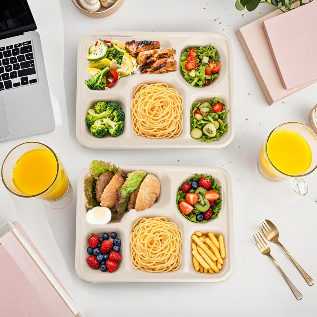 Hacaroa 50 Pack 5 Compartment Paper Plates Disposable, 11" x 8" Compostable Bagasse Plate School Lunch Trays, Biodegradable Divided Sugarcane Plates for Party, Picnic, Heavy Duty