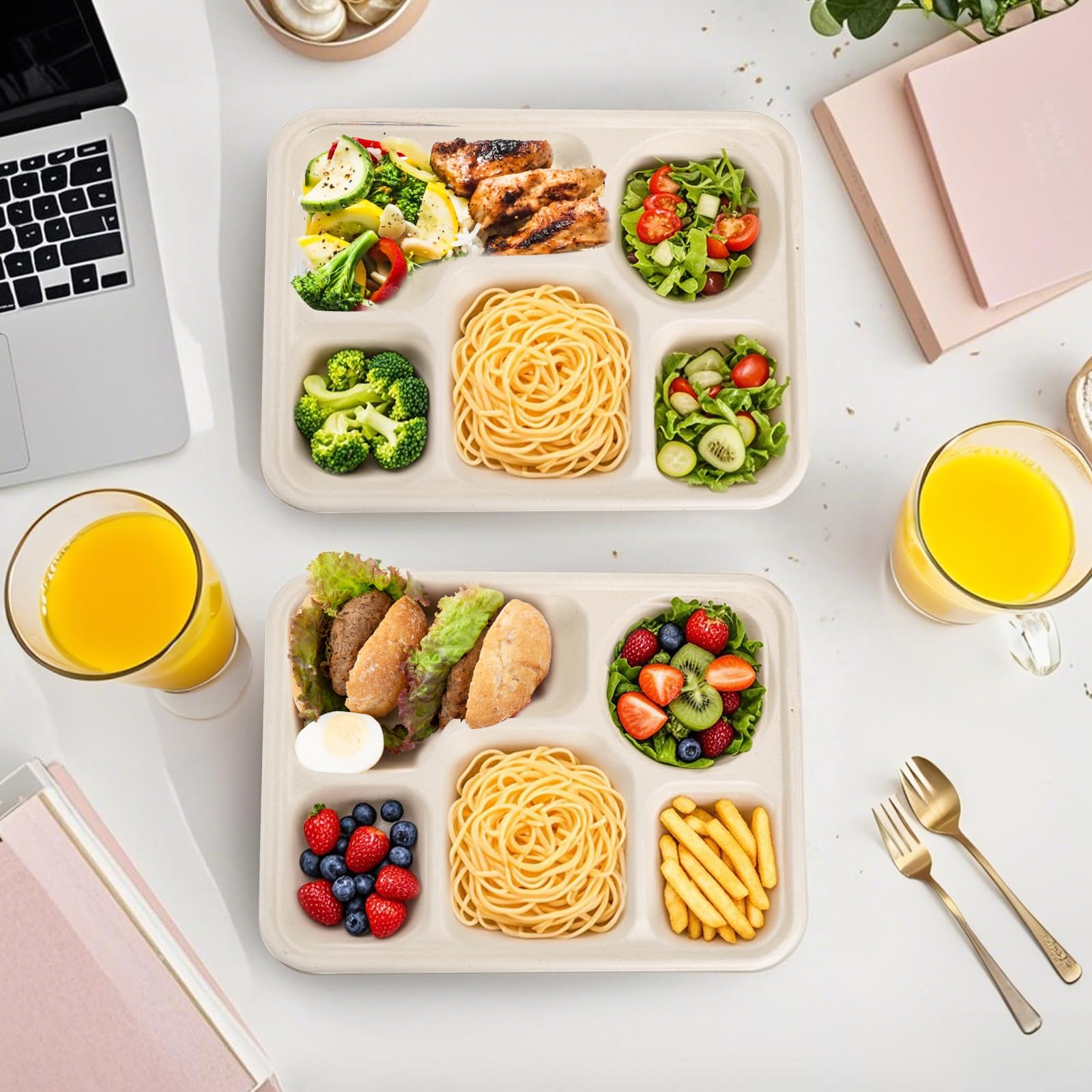 Hacaroa 50 Pack 5 Compartment Paper Plates Disposable, 11" x 8" Compostable Bagasse Plate School Lunch Trays, Biodegradable Divided Sugarcane Plates for Party, Picnic, Heavy Duty
