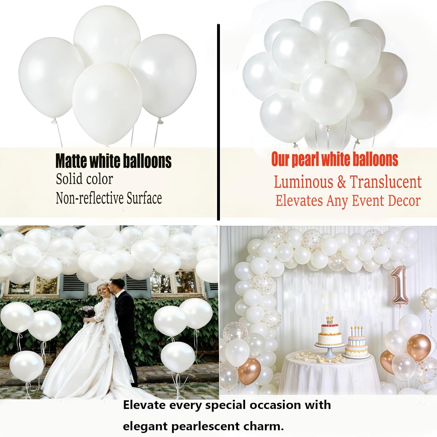 Pearl White Balloons - 12 Inch Matte Latex Balloons for Weddings, Birthdays & Baby Showers | 50PCS