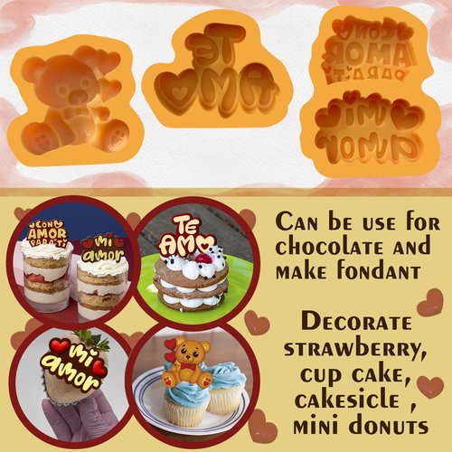 Toni Crafter - te amo 3 pcs Fondant mold perfect size for covered strawberries, letter mold with unique design, Silicone mold phrase love, spanish and english with love heart fondant mold