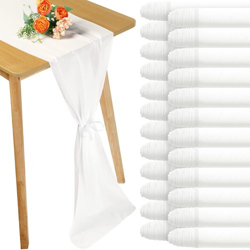Chumia 24 Pack Chiffon Table Runners Romantic Sheer Table Decorations Long Tulle Runner for Wedding Bridal Shower Party Supplies Decor, 118 x 12 Inches(White)
