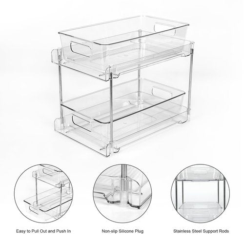 2 Pack Under Sink Organizer, 2 Tier Clear Bathroom Organizers and Storage, Pull-Out Medicine Cabinet Organizer, Multi-Purpose Cabinet Organizer with Track for Bathroom, Kitchen, Pantry, Vanity Storage
