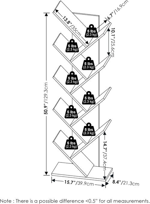 Furinno TREE Bookshelf - 9-Tier Angled Open Bookcase for Stylish Room Decor | White, 8.4 x 15.7 x 50.9