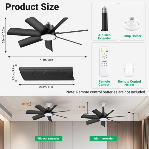 Orbecco 28in Socket Fan Light, 4000LM Ceiling Fans with Lights and Remote, 3000K-6500K 3 Colors 6 Speeds Socket Fan E26/E27 Base, Screw in Ceiling Fans for Living Room, Kitchen, Black