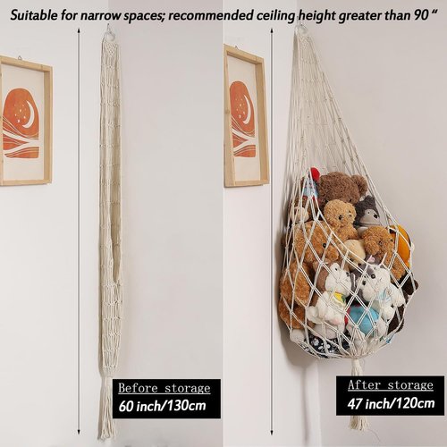 Amdermi Stuffed Animal Storage Hammock - 60" Macrame Toy Organizer for Kids' Room | Cream Color