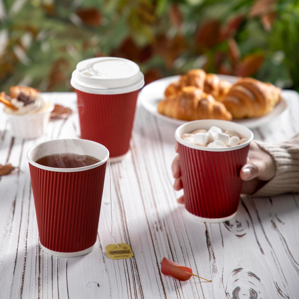 Fit Meal Prep 50 Pack 12 oz Red Disposable To Go Coffee Cups with White Lids - Triple Wall Corrugated Paper Cups for Hot Drinks, Parties & Holidays