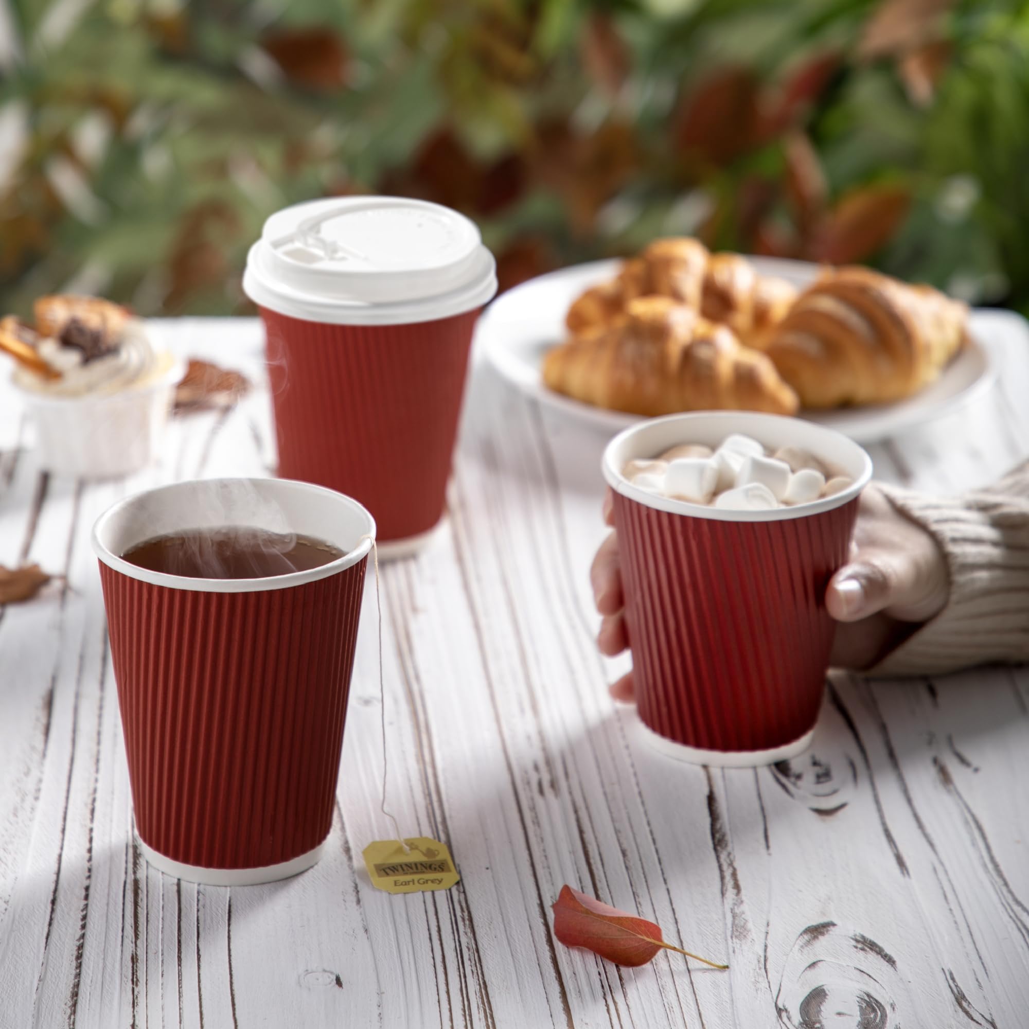 Fit Meal Prep 50 Pack 12 oz Red Disposable To Go Coffee Cups with White Lids - Triple Wall Corrugated Paper Cups for Hot Drinks, Parties & Holidays