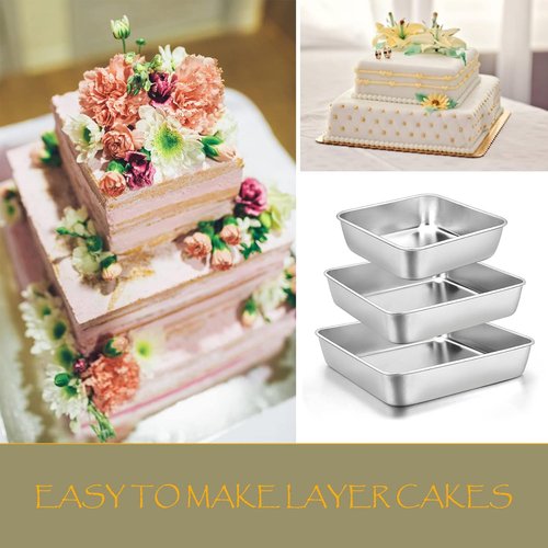 E-far Stainless Steel Square Cake Pan Set - 3-Piece Non-Toxic Bakeware | Easy Clean & Dishwasher Safe
