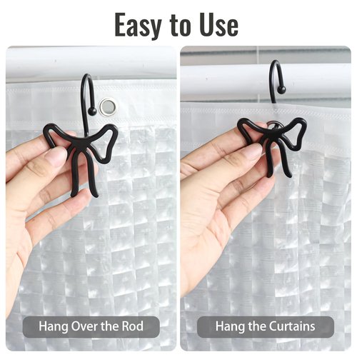Big Bow Decorative Shower Curtain Hooks, Bowknot Shower Curtain Rings, Fashion Bow Shower Curtain Hangers, 12PCS Stylish Shower Hooks for Shower Curtain, Bathroom, Bedroom, Home Decor (Black)
