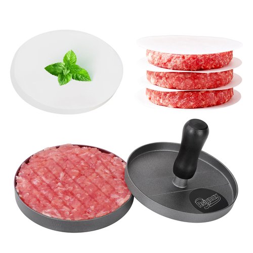 Rsiynax Burger Press Patty Maker, Non-Stick Aluminum Hamburger Mold with 100 Patty Papers for Kitchen Grill BBQ Camping