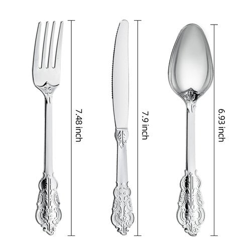 N9R 300PCS Silver Plastic Silverware, Heavy Duty Plastic Cutlery for Parties, Fancy Disposable Flatware Set Includes 100 Forks, 100 Spoons, and 100 Knives, Perfect for Weddings, Dinners, Picnics