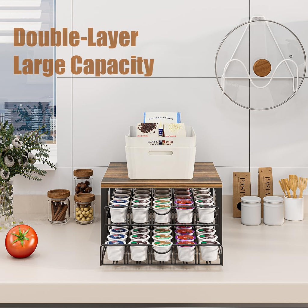 Dazioter Coffee Pod Holder Drawer 2 Tier for K Cup Capsule Pods Storage Organizer Under Coffee Pot Storage Sliding Drawer (Black, 2 Tier)