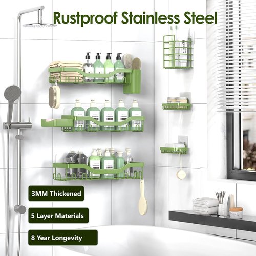 NESOMI Shower Caddy - Rustproof Stainless Steel Organizer with Soap Dish & Hooks | 8-Pack, No-Drill Storage