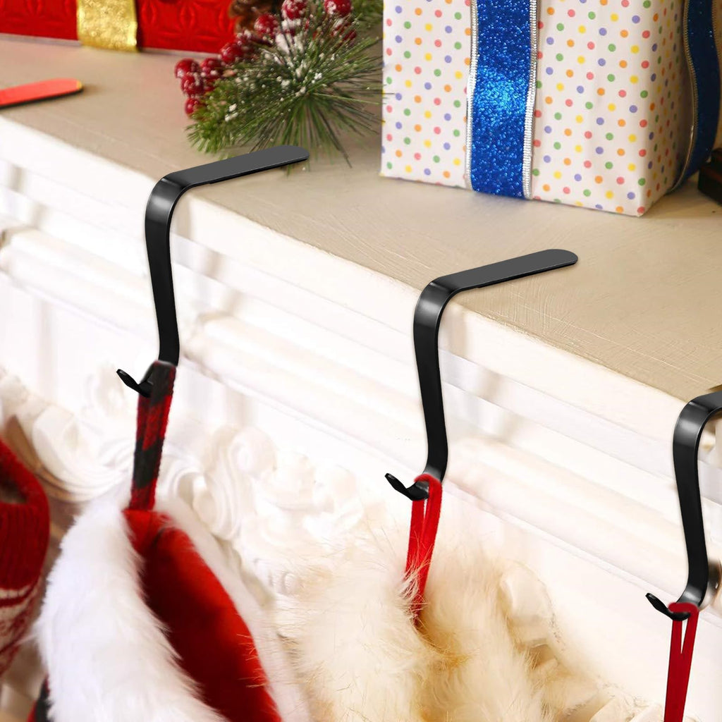 Poualss Christmas Stocking Holders Metal Stocking Hangers Non-Slip Christmas Stocking Hooks for Fireplace Mantle (Black)