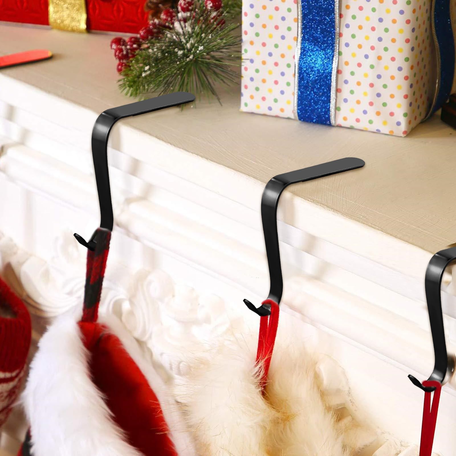 Poualss Christmas Stocking Holders Metal Stocking Hangers Non-Slip Christmas Stocking Hooks for Fireplace Mantle (Black)