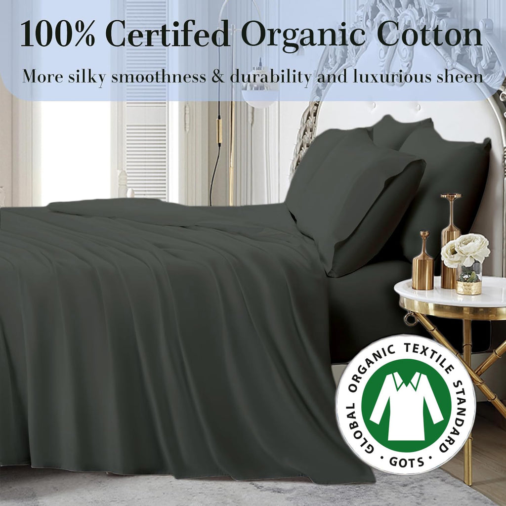 Saferay Green 4Pc King Size Sheet Set, 100% Organic Cotton, 800 Thread Count Sheets, Soft & Breathable Sheet Set, Luxury 8-12" Deep Pocket Sheet, Hotel Quality Bed Sheets - Dark Gray