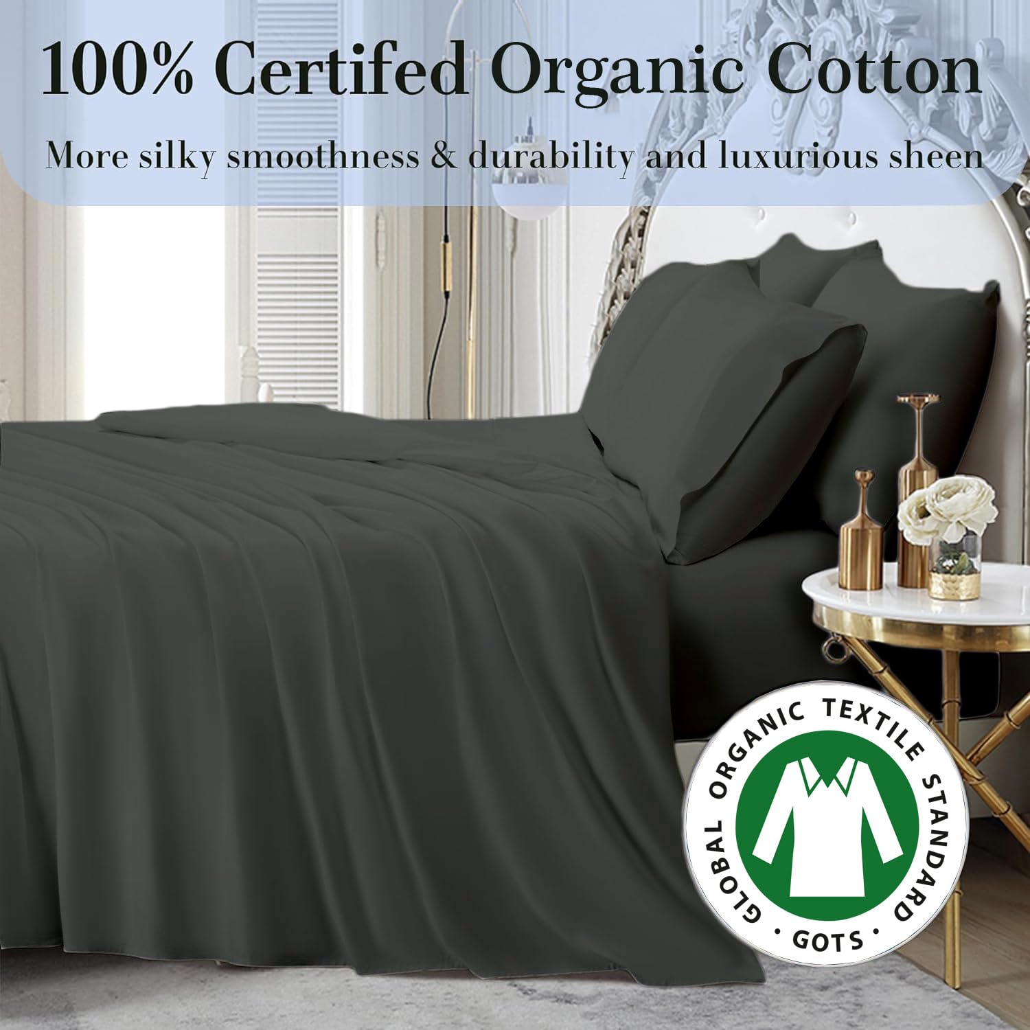 Saferay Green 4Pc King Size Sheet Set, 100% Organic Cotton, 800 Thread Count Sheets, Soft & Breathable Sheet Set, Luxury 8-12" Deep Pocket Sheet, Hotel Quality Bed Sheets - Dark Gray