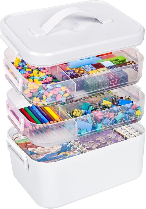 Craft Storage Organizer Box by Stackable | 13.3 QT with Handle & 3 Removable Trays - White