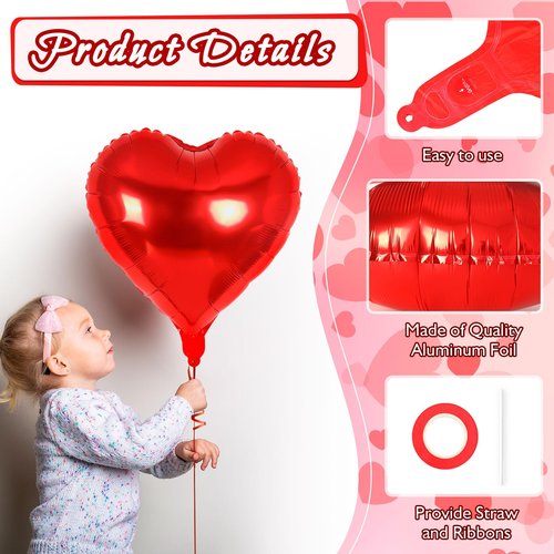 24 Pcs Red Heart Balloons, 100 Pcs Heart Hanging Streamers, 18 Inch Heart Foil Balloons Valentine's Day Balloon Love Balloon for Valentines Day Proposal Wedding Party Decorations (Red)
