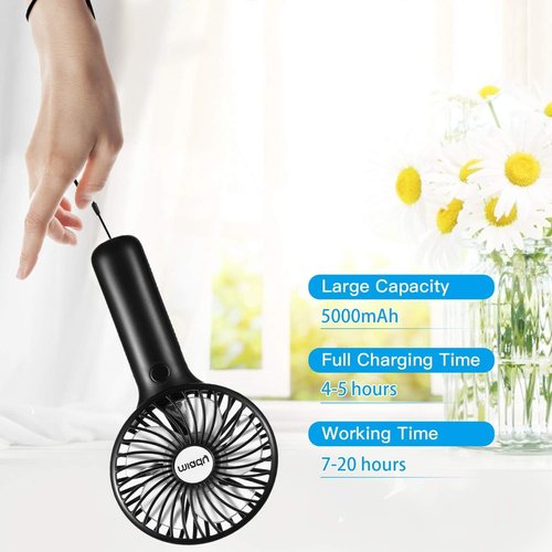 Miady Portable Handheld Fan - 5000mAh Mini USB Fan with 3 Speed Settings | 7-20 Hours Runtime for Travel & Office