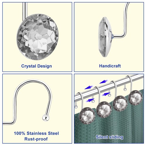 12PCS Shower Curtain Hooks Rings for Bathroom, Stainless Steel Rust Resistant Decorative Rhinestones Shower Curtain Rings Hangers for Shower Curtains, Clothing, Towels, etc. (Grey)