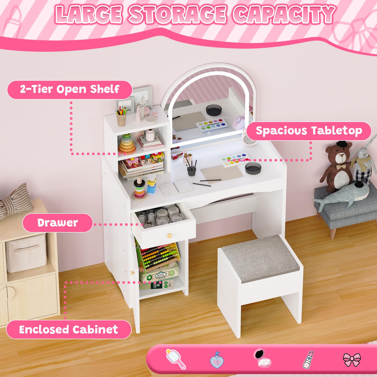 Zupemo Kids Vanity Table and Chair Set with Lighted Mirror, Toddler Vanity for Girls with Stool, Storage Shelves and Drawer, Little Girls Vanity Set with Mirror and Lights, White