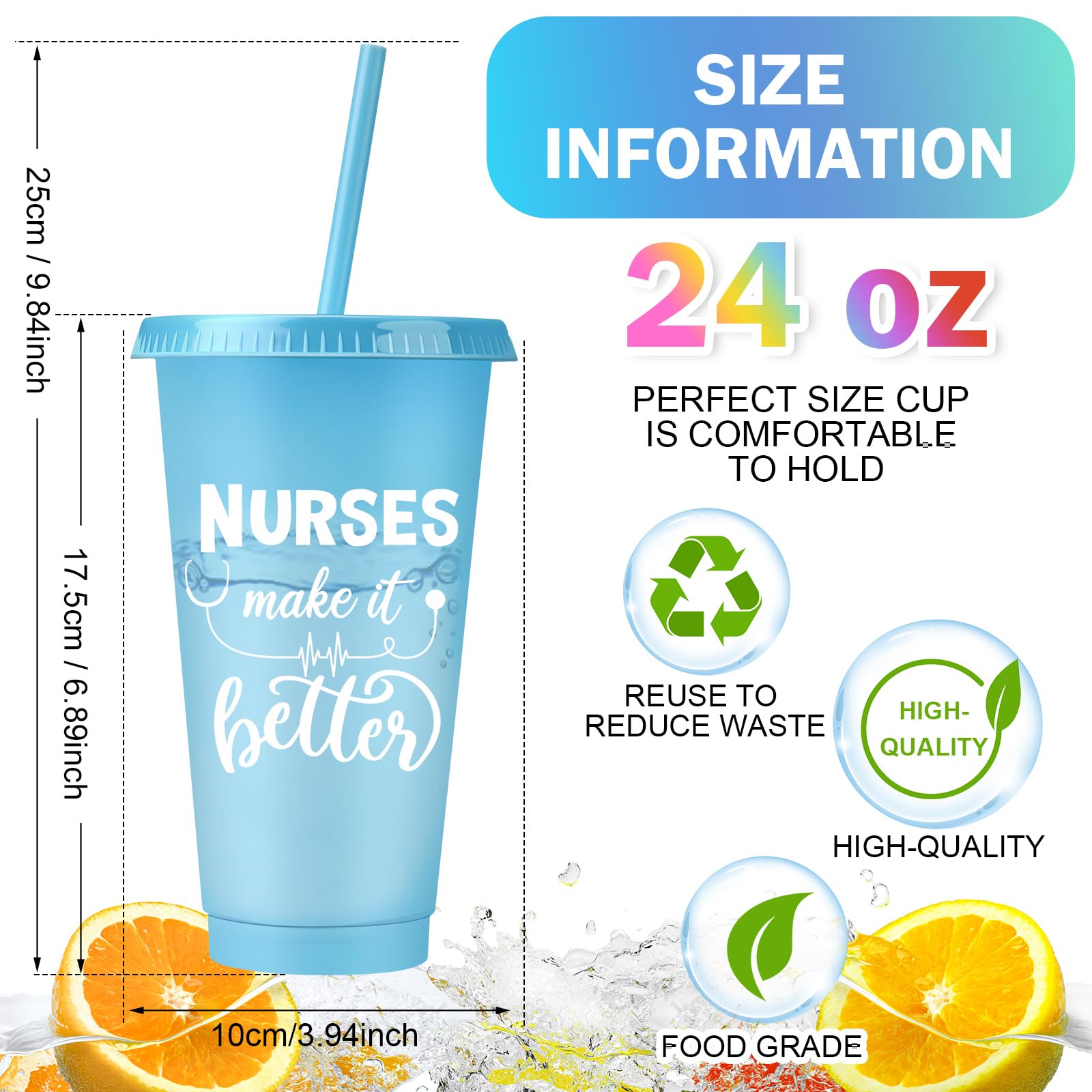 Bokon 50 Pcs Nurse Appreciation Tumbler with Straw and Lid, Bulk Nurse Week Gifts, 24 oz Reusable Plastic Cup, Multicolor Iced Water Bottle, for Appreciation & Graduation(Warm Style)