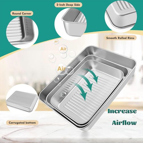 E-far Baking Pans Set of 3 | Stainless Steel Rectangle Sheet Cake Pans - 12.5/10.5/9.4 Inch, Non-Toxic & Dishwasher Safe