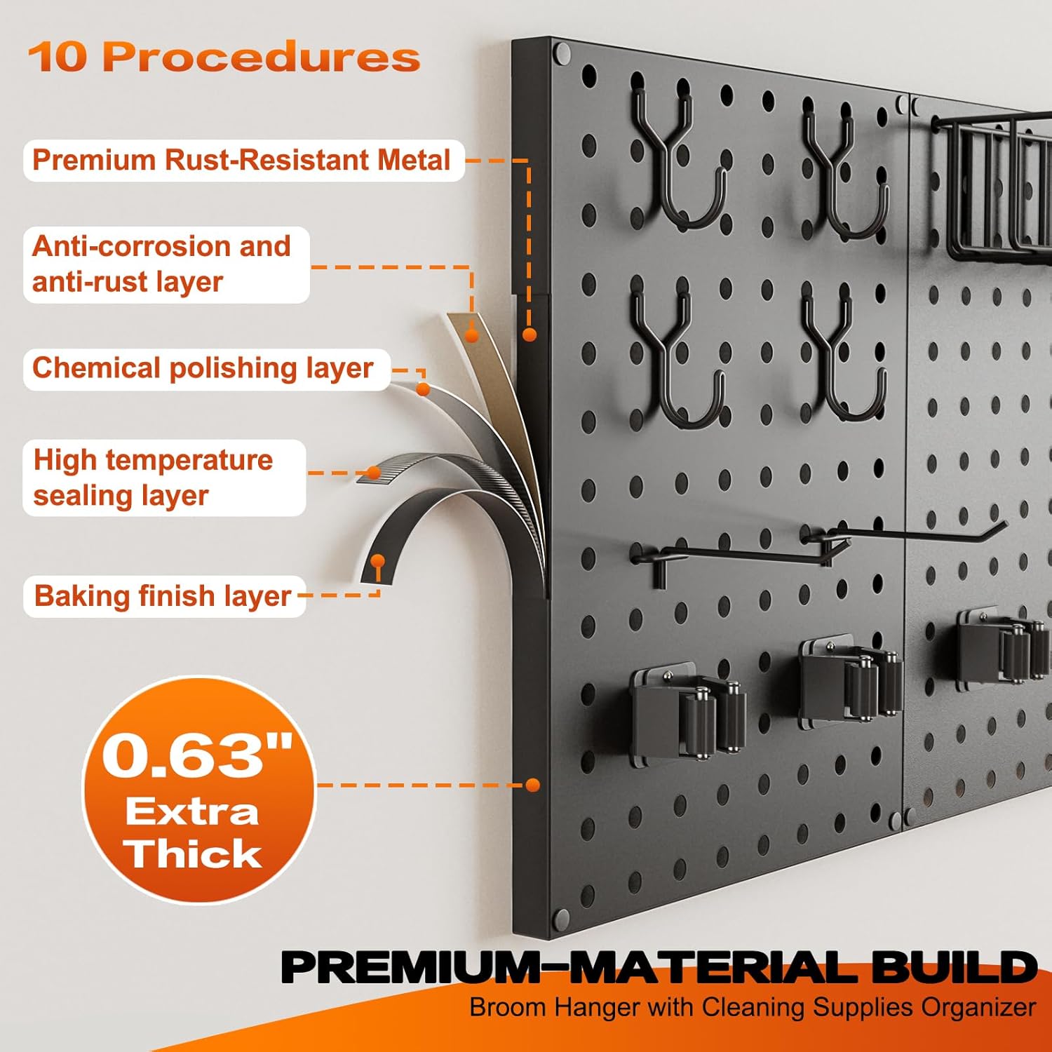 Pegboard Wall Organizer by Broom Holder - Mop Hanger Gripper Hooks & Storage Basket for Laundry Room