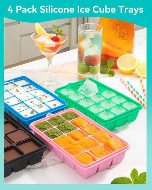 Silicone Ice Cube Trays With Lids 4 Packs, Lxndaser Easy Release Silicone Ice Cube Molds for Freezer, 60 Grids Leak-Proof Stackable Square Ice Trays for Cocktail, Whisky, Baby Food,coffee