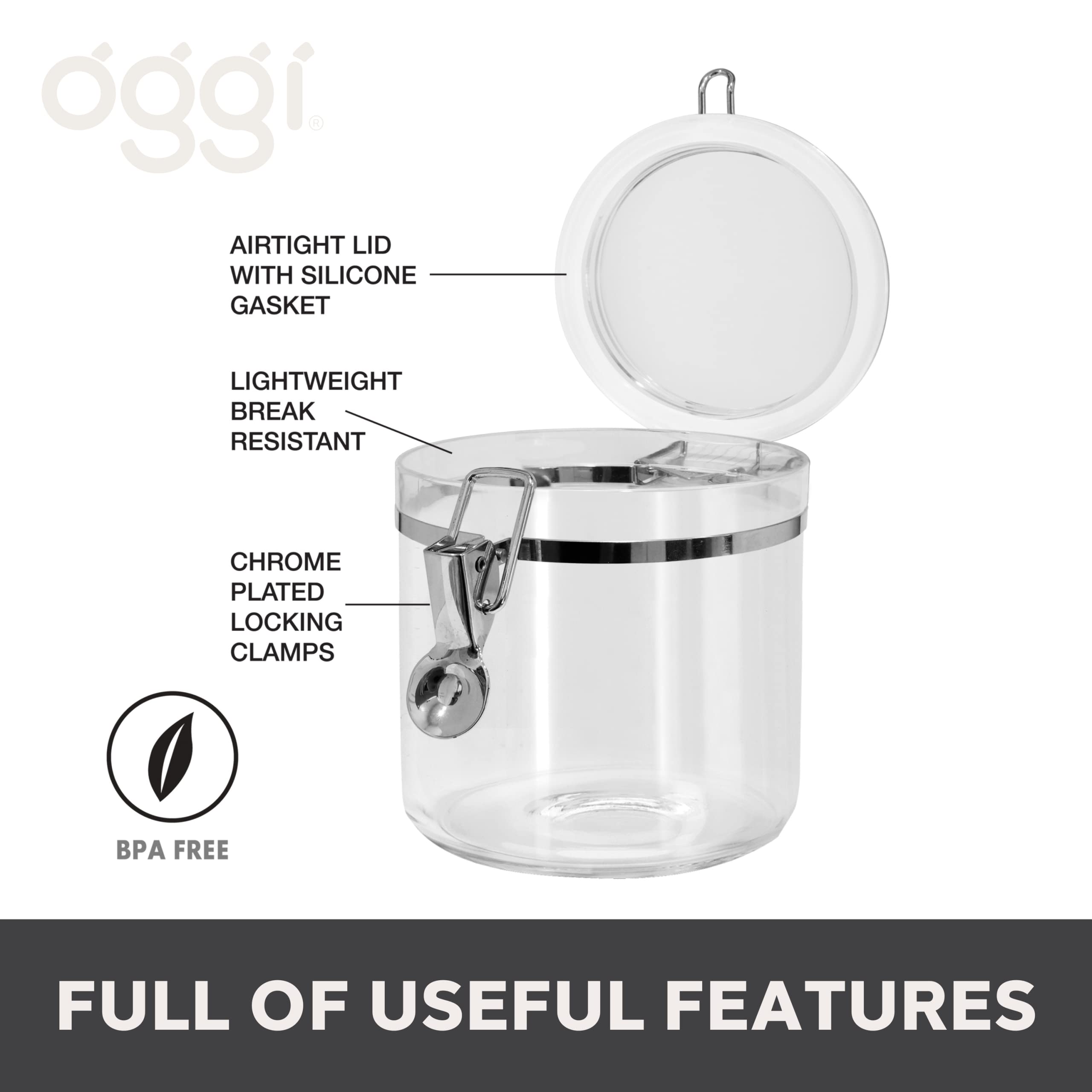 Oggi Clear Canister with Clamp Lid, 38 oz - Large Airtight Food Storage Container, for Kitchen & Pantry Storage of Bulk, Dry Foods Including Pasta, Flour, Sugar, Coffee, Rice, Tea, Spices & Herbs