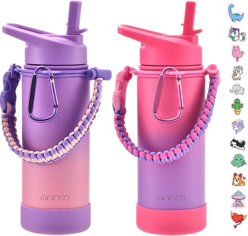 Mininoo Insulated Kids Water Bottle - 16oz Stainless Steel with Paracord Handle | 2 Pack for Boys & Girls