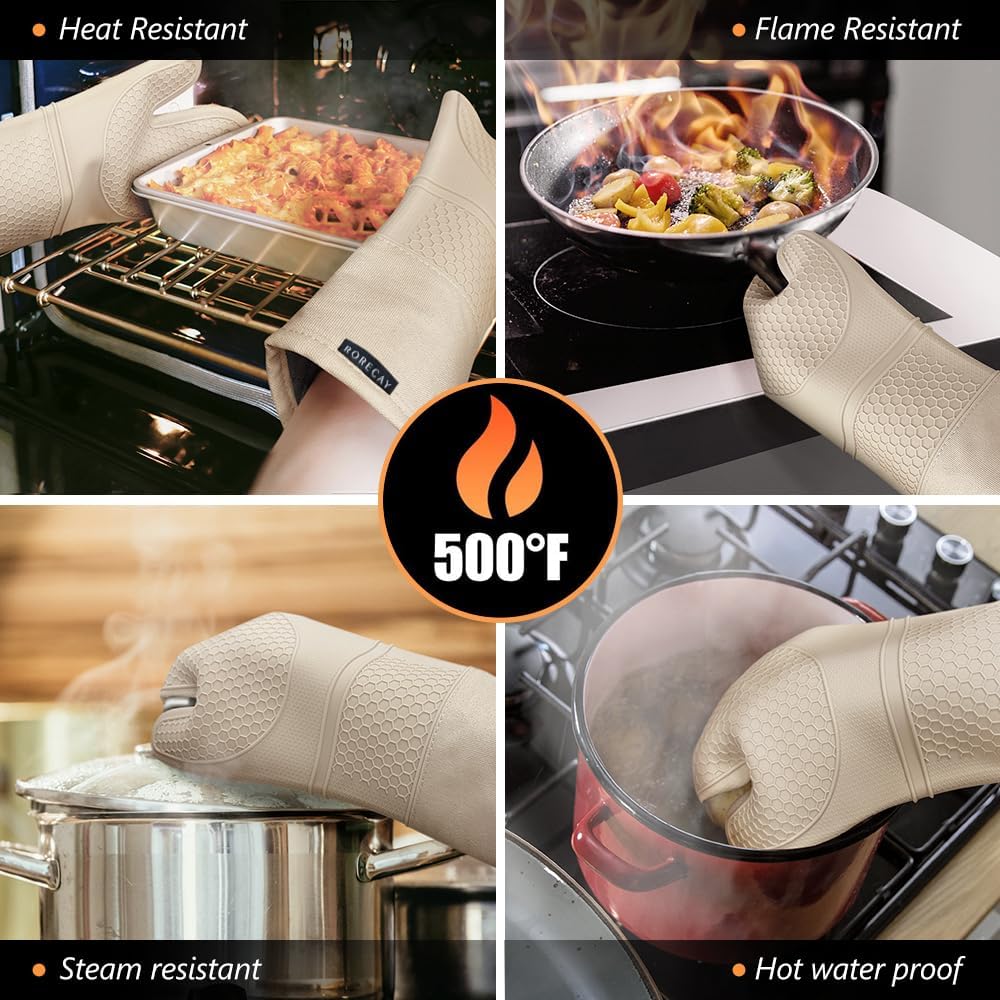 Rorecay Silicone Oven Mitts Set - Extra Long, High Heat Resistant 500°F | 6-Piece Non-Slip Kitchen Gloves