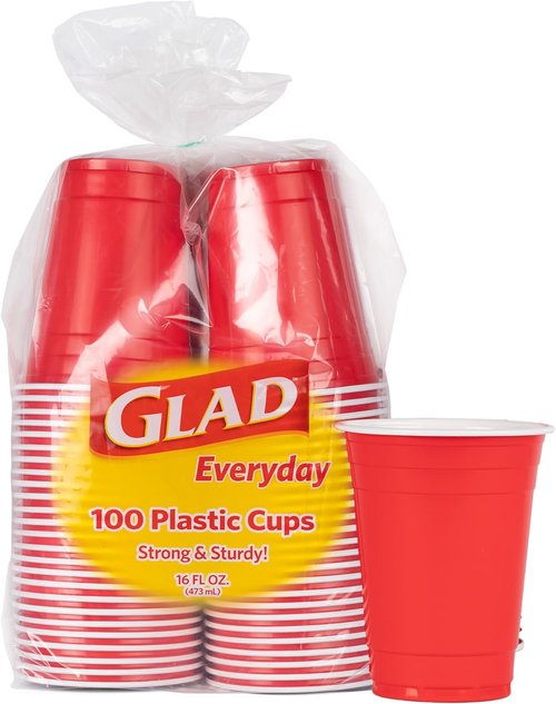 Glad Everyday Disposable Plastic Cups - Strong Red Party Cups for All Occasions - 16oz, 100 Pack Heavy Duty