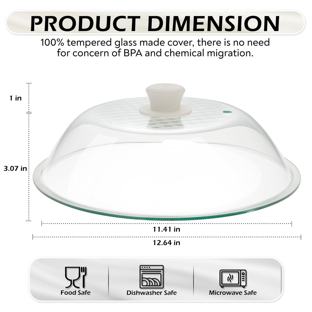 OEC Lighter Weight Tempered Glass Microwave Splatter Cover - 12.5 inch (Inner Diameter 11.4”) - Heat-Resistant - Durable Glass Lid with Vent, Silicone Knob, Dishwasher Safe, 100% Food Grade - BPA Free