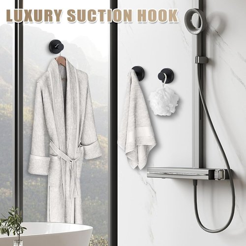 **Regine Switzerland Suction Cup Hooks - No-Drill Bathroom Towel & Robe Holders | Matte Black (Set of 4)**