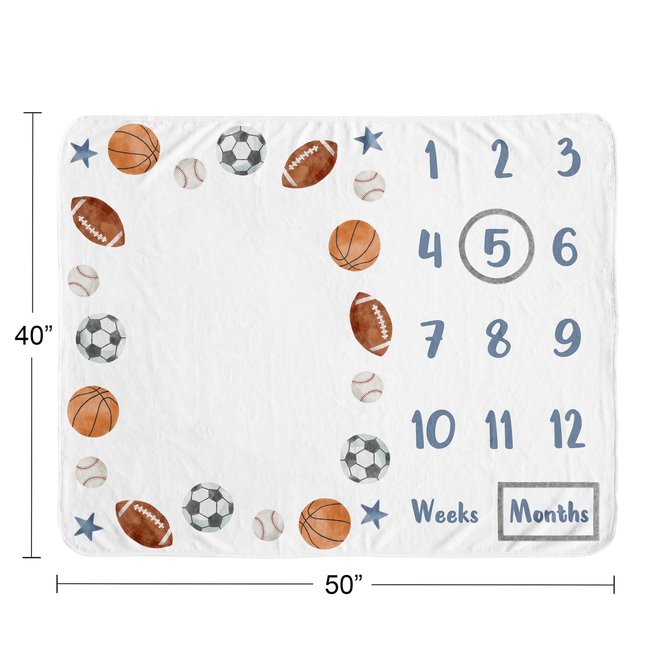 Sweet Jojo Designs Sports Theme Boy Baby Milestone Blanket Newborn Monthly First Year Photo Growth Chart Infant Memory Gift Set Watercolor Vintage Soccer Balls Football Baseball Basketball Blue Stars