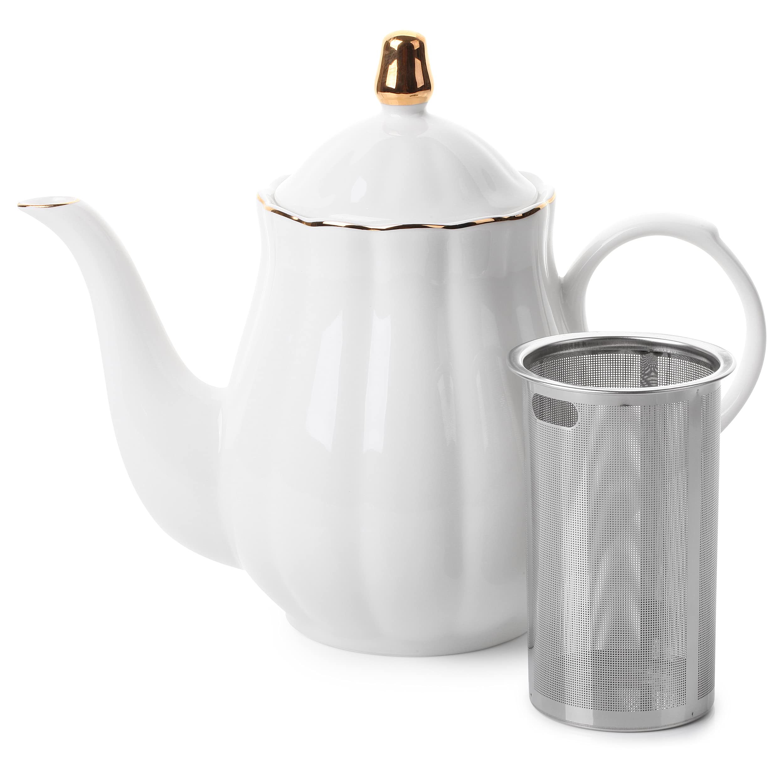 BTaT- Porcelain Tea Pot with Stainless Steel Infuser, 32 oz, White, Tea Pot with Gold Trim, Teapot with Infuser, Porcelain Teapot, Tea Brewing Pot, Teapots for Loose Tea