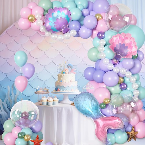 Mermaid Balloon Garland Arch Kit, 142Pcs Pastel Pink Teal Blue Purple Green Clear Balloons Mermaid Tail Seashell Foil Balloon Fringe Curtain for Birthday Baby Shower Ocean Themed Summer Party Decor
