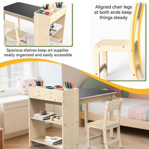 doowroodni Kids Art Table and Chair Set, Sturdy Beech Wood Study Desk for Children’s Drawing, Learning & Play - Multi-Functional Activity Table for Home,Toddler Desk with Storage and 1 Chair