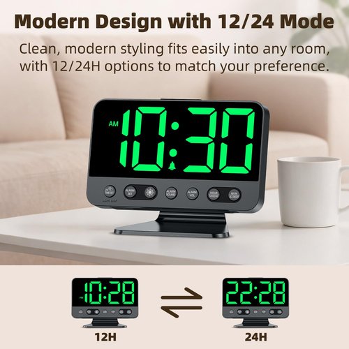 AuroraCalm Digital Alarm Clock with Large Numbers for Bedrooms: Bold Display Readable Across The Room with 5 Level Brightness - 5 Alarm Sounds 8 Night Lights for Kids Seniors Teens - Green