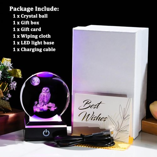 Arikyrist 3D Owl Crystal Ball Figurine - LED Base Night Light | Perfect Gift for Owl Lovers (80mm)