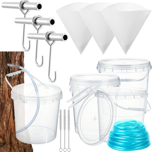 LOYIM 3 Sets Maple Syrup Tapping Kit Maple Sugar Starter Kit Included 3 Buckets with Lid, 3 Metal Maples Syrup Taps, 3 Maples Syrups Filters, 1 Syrups Tube 1 Cleaning Brush for Spiles (Clear)