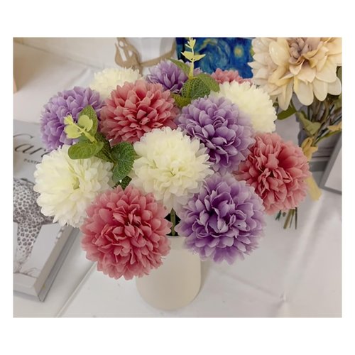 RUMEAVAO 15pcs Artificial Silk Mums Chrysanthemum Flowers with Faux Eucalyptus Stems, Fake Purple White Fuchsia Pompon Mums for Home Wedding Party Decor (12 Chrysanthemum & 3 Eucalyptus)
